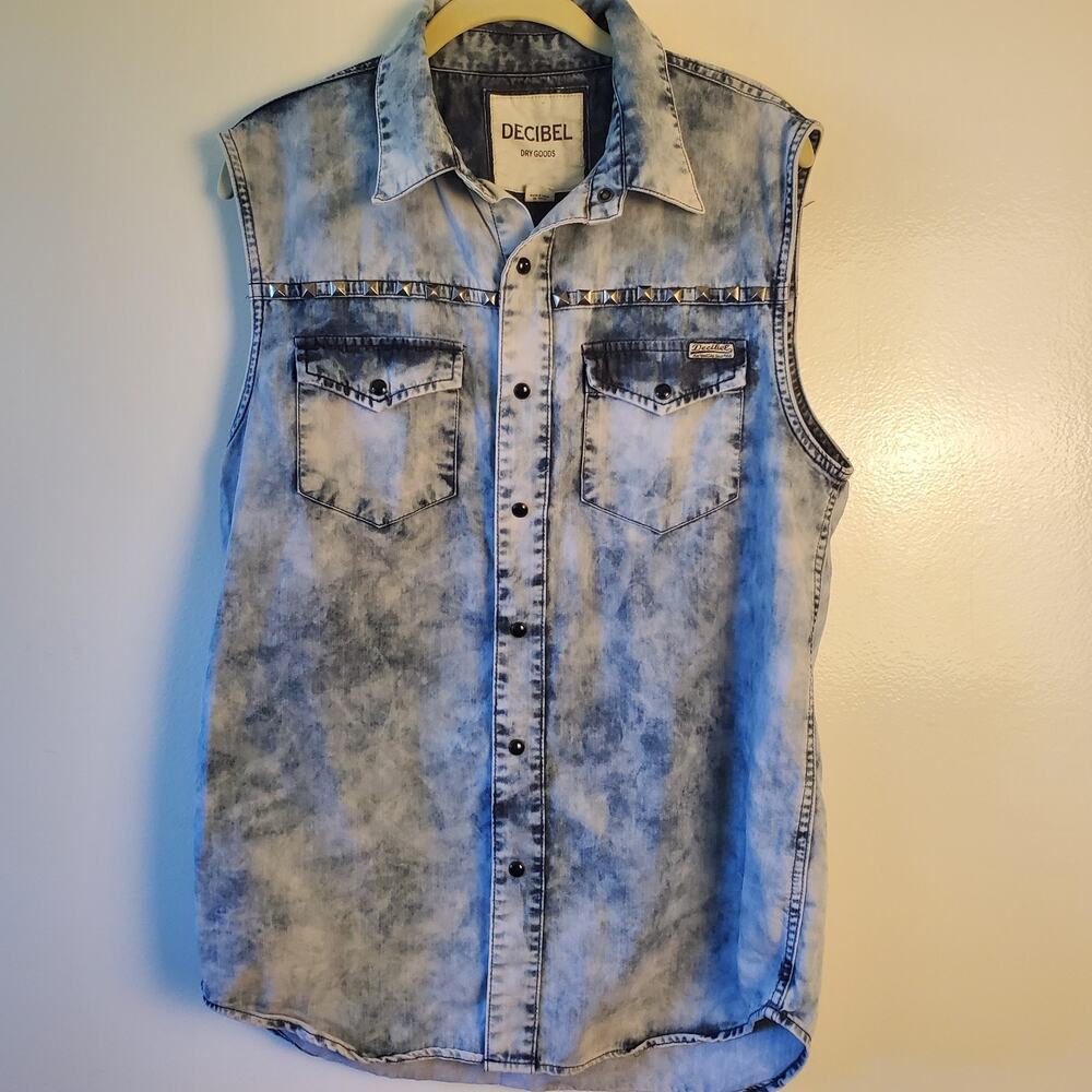 Decibel Mens Denim Acid Wash Sleeveless Shirt Black Snap Front Studded Size XL